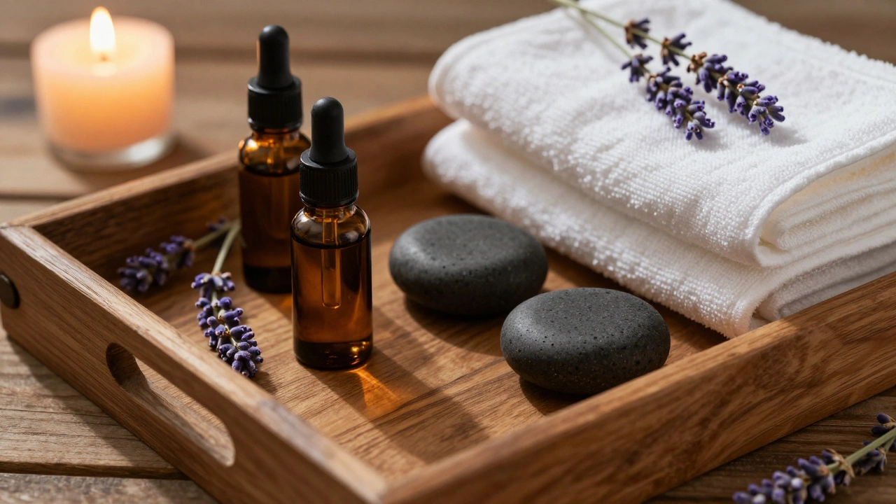 Huiles essentielles, pierres chaudes et serviettes blanches sur un plateau.