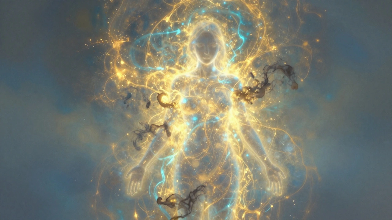 Illustration abstraite d'énergie vitale libérant les tensions sombres.