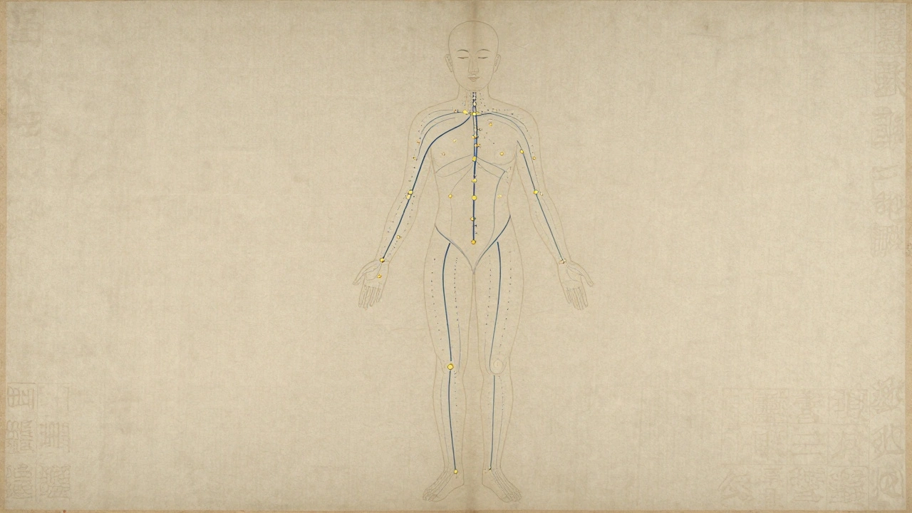Illustration traditionnelle chinoise des 12 méridiens énergétiques avec points d'acupuncture en or sur un corps humain.