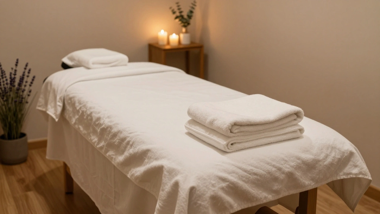 Intérieur calme d'une salle de soins avec bougies et serviettes blanches.