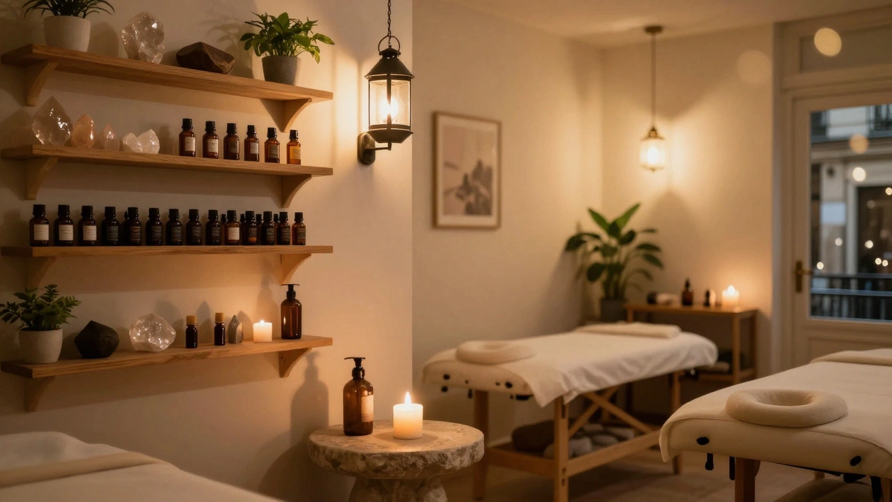 Intérieur d'un petit spa parisien avec bougies, plantes et lumière tamisée, ambiance calme et zen.