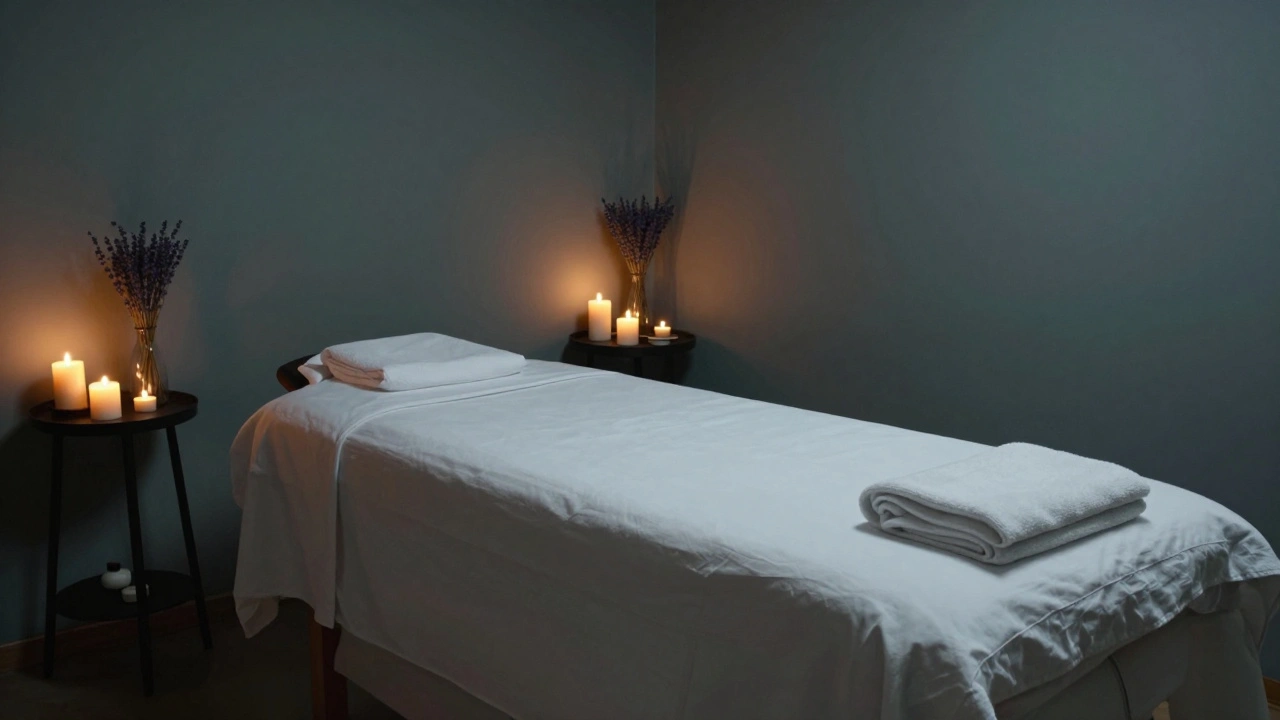 Intérieur de spa calme avec bougies et draps préparés pour une séance de bien-être.