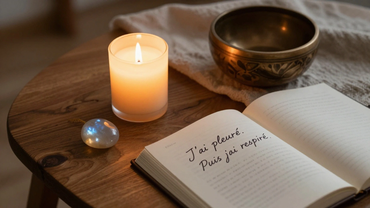 Journal ouvert avec notes manuscrites, bol tibétain et pierre de lune.