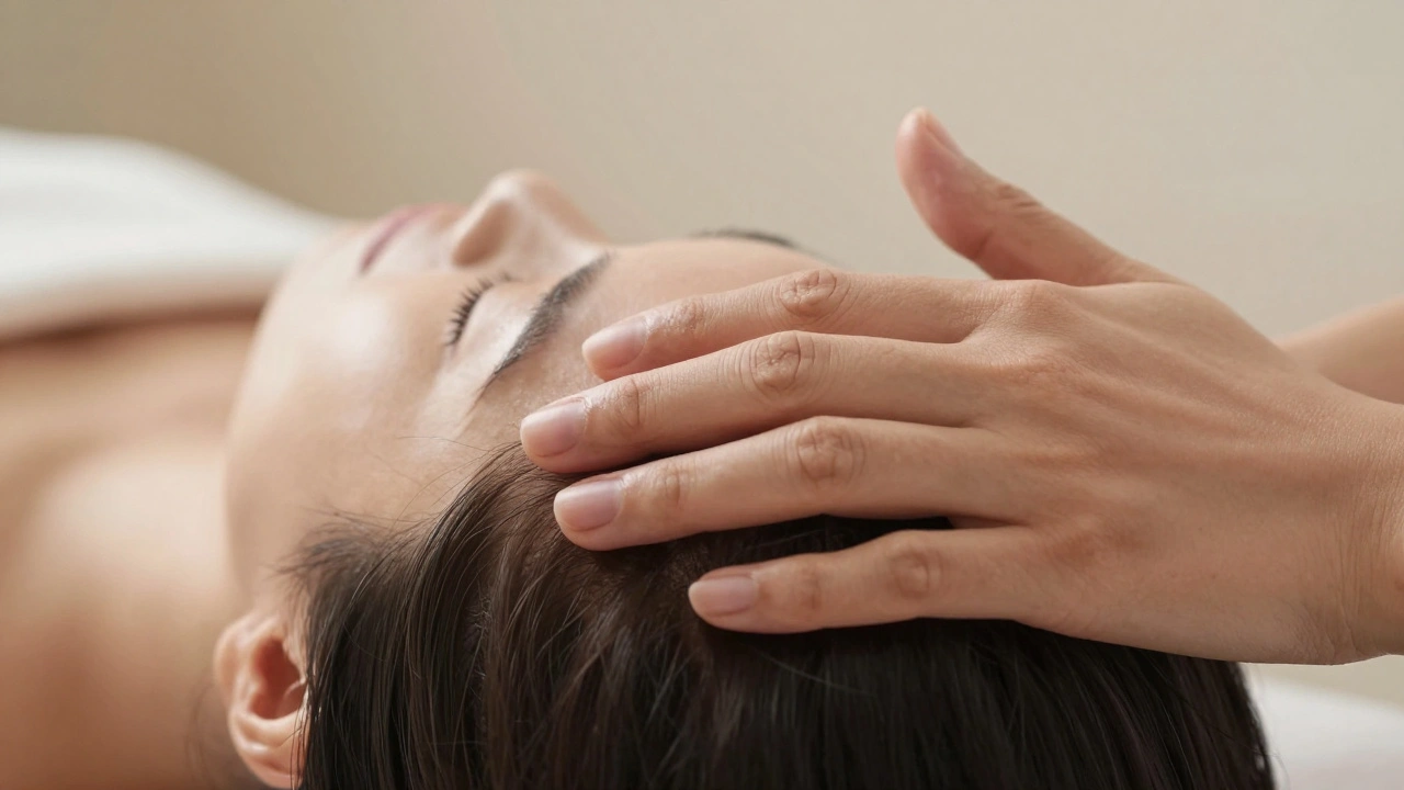 Main massant doucement le cuir chevelu d'une personne allongée, dans un cadre apaisant et flou.