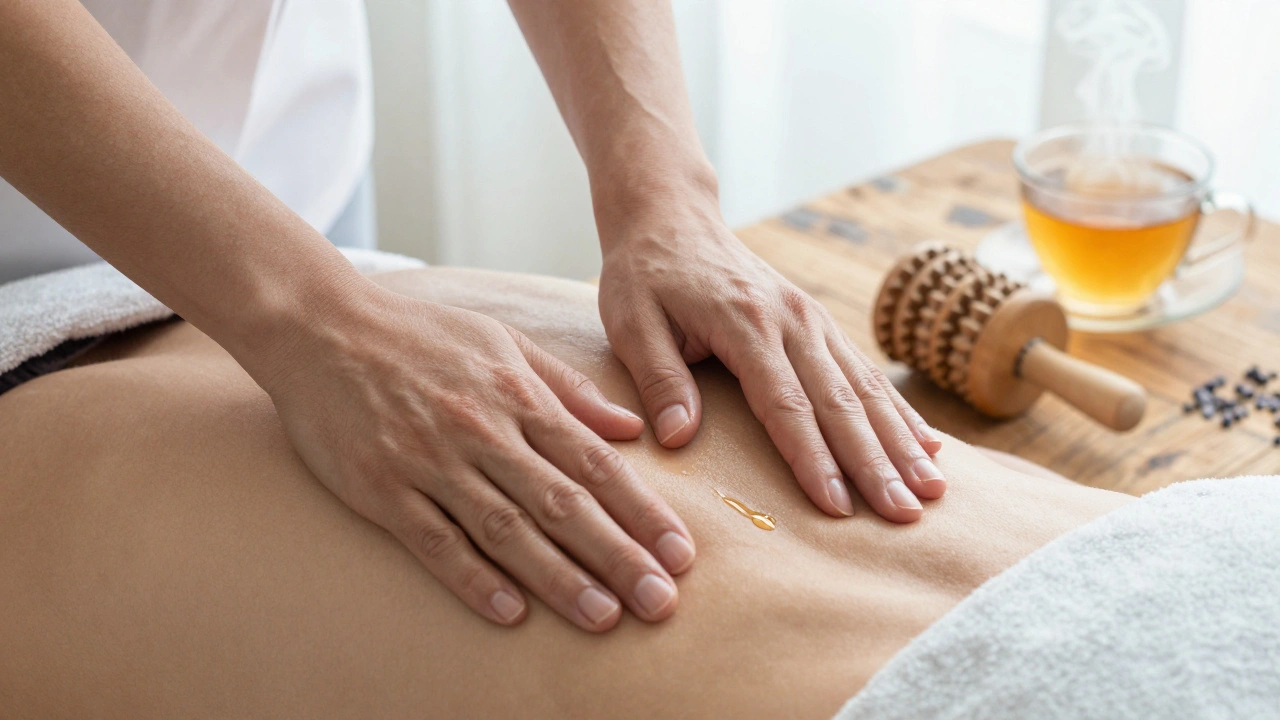 Mains appliquant un massage doux sur le bas du dos, avec huile essentielle et accessoires naturels.