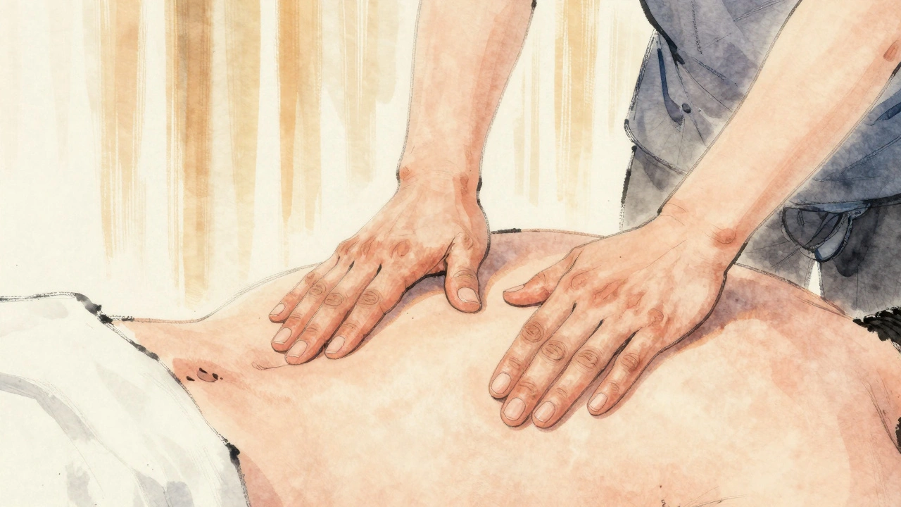 Mains d'un praticien appliquant une pression précise sur le dos et le plexus solaire lors d'un massage énergétique traditionnel.