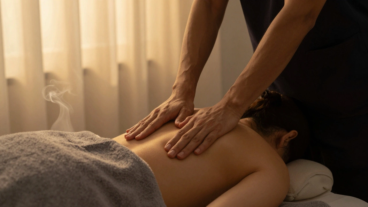 Masseur appliquant un massage doux sur les épaules d'un client, dans une ambiance apaisante.