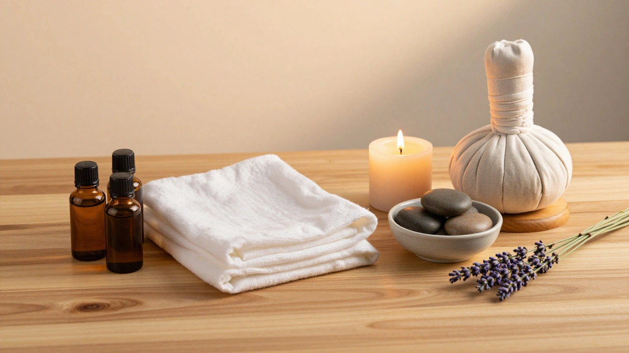 Matériel de massage : huiles, draps blancs, bougie et coussin disposés sur un plateau en bois naturel.