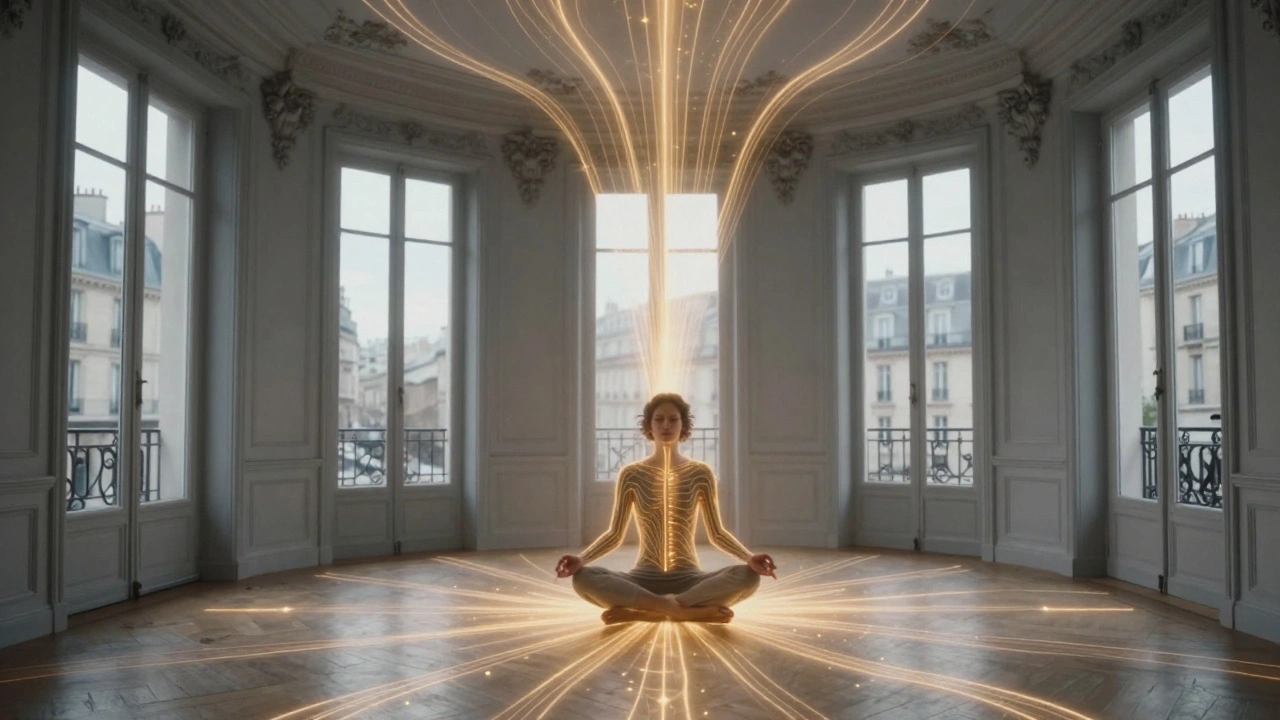 Personne méditant après un massage, entourée de lignes dorées représentant le flux d'énergie qui s'élève vers la lumière naturelle.