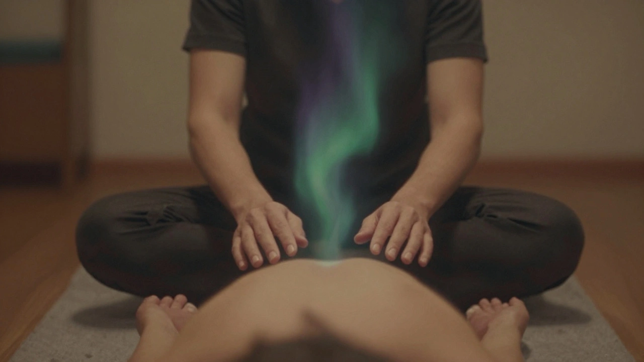 Praticien au-dessus d'une personne, mains sans contact, énergie subtile.