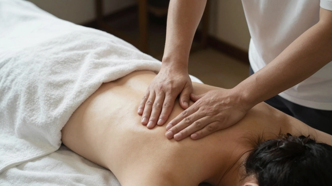 Praticien massant les épaules d'un client avec douceur, drap blanc et lumière tamisée.