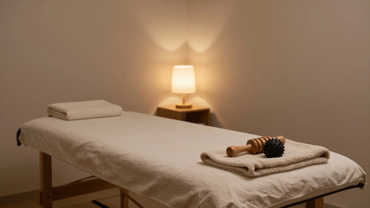 Rouleau de massage et balle en caoutchouc posés sur une serviette propre dans une pièce calme.