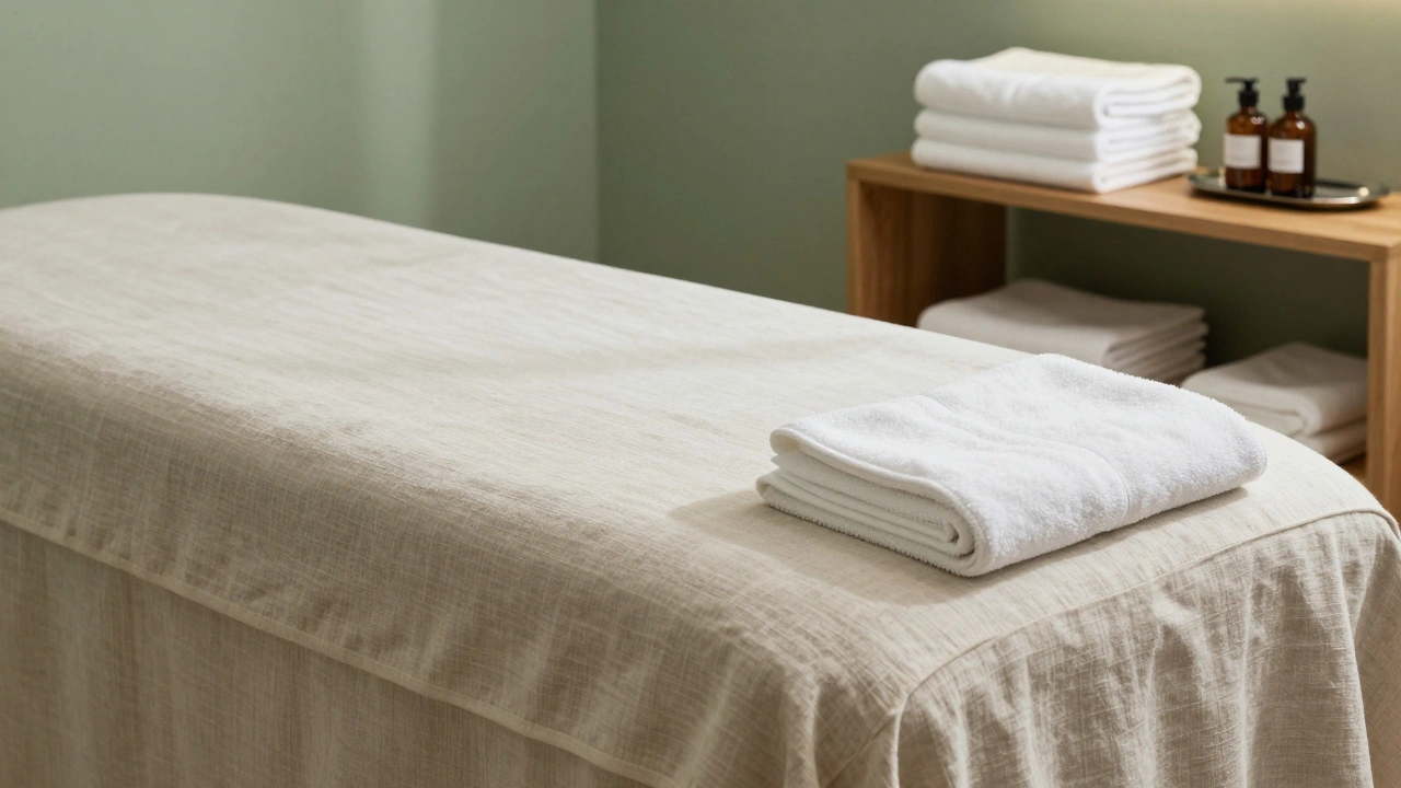 Salle de soin professionnelle vide avec serviettes et produits naturels.