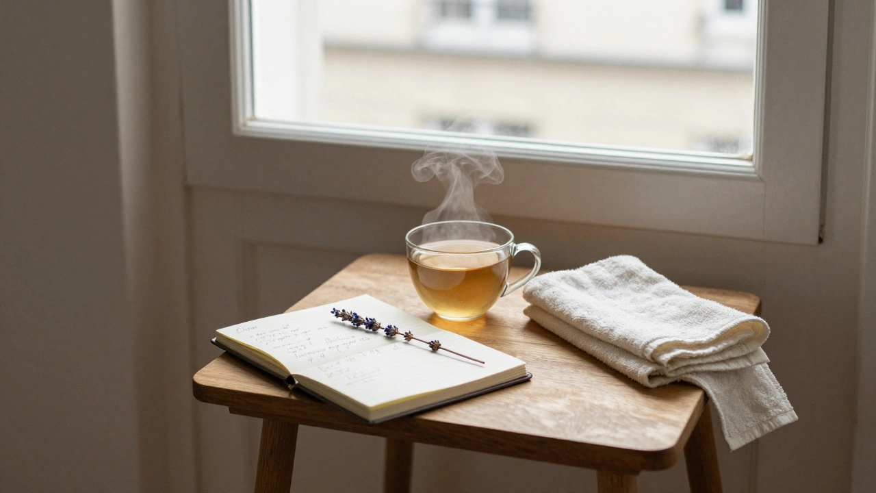 Tasse de thé et carnet de notes après une séance de massage, dans un cadre intime et serein.