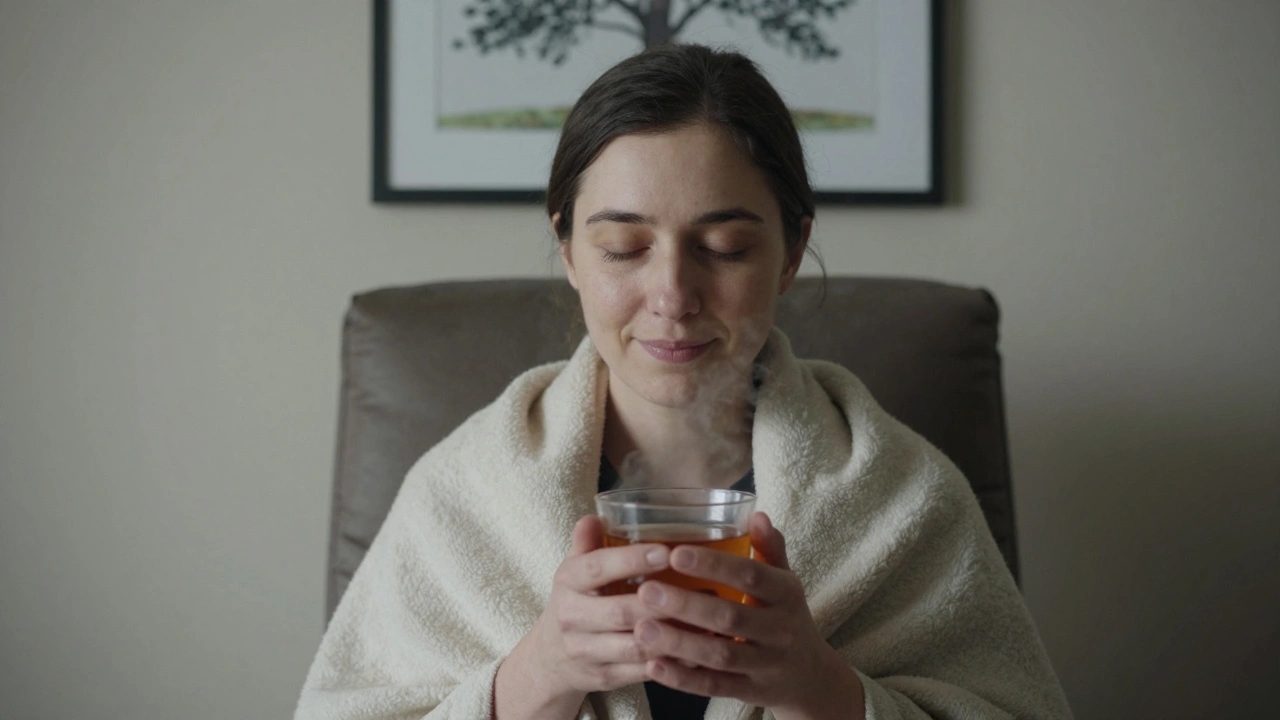 Un client souriant après une séance, tenant une tisane chaude dans un cadre apaisant.