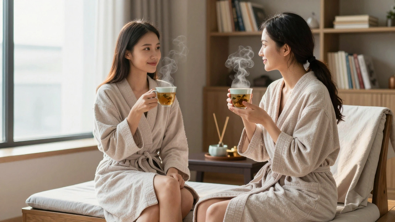 Un couple sirotant une tisane en silence après un massage, vêtus de peignoirs, lumière douce du matin.