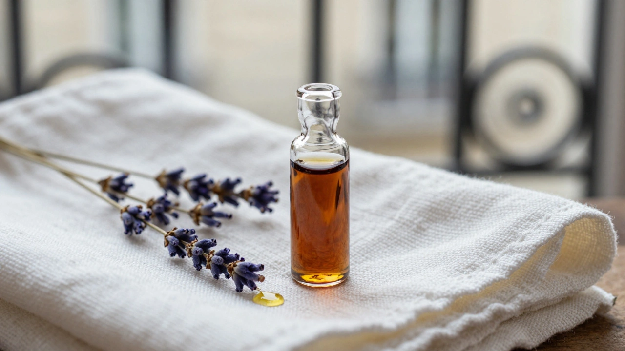 Un flacon d'huile de rose musquée posé sur une serviette en coton, avec des feuilles de lavande et une goutte qui scintille.