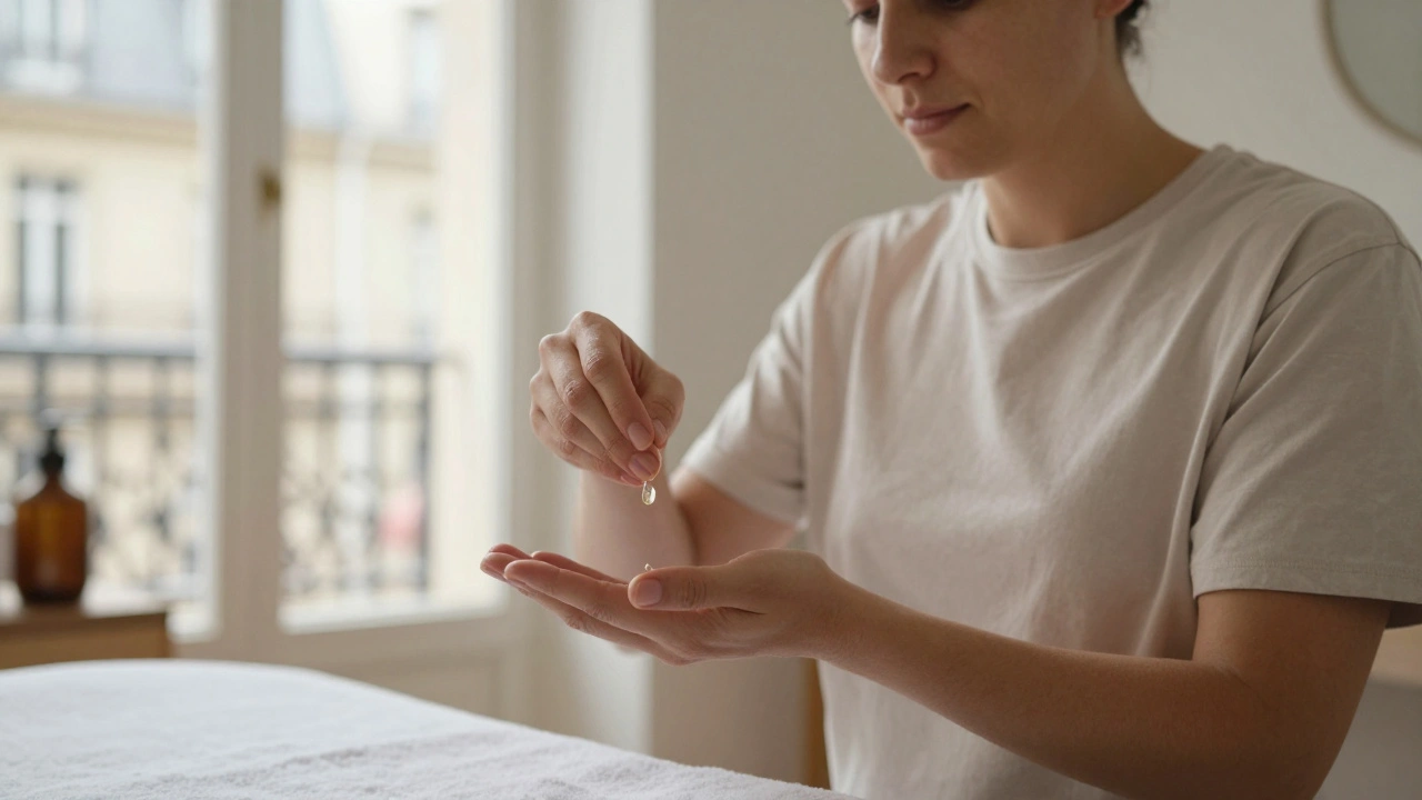 Un praticien prépare doucement une huile végétale dans un intérieur parisien calme.