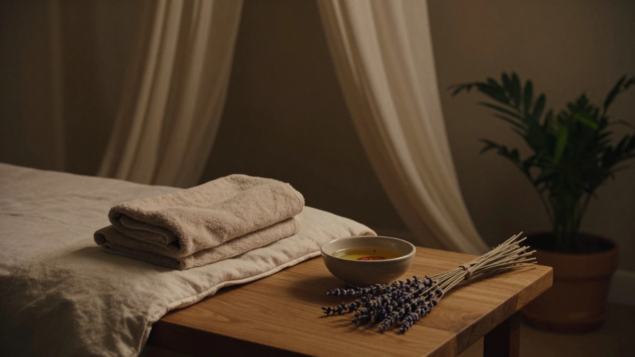 Un salon de massage apaisant au 13e arrondissement de Paris, avec des tissus en lin et une huile naturelle sur une table en bois.