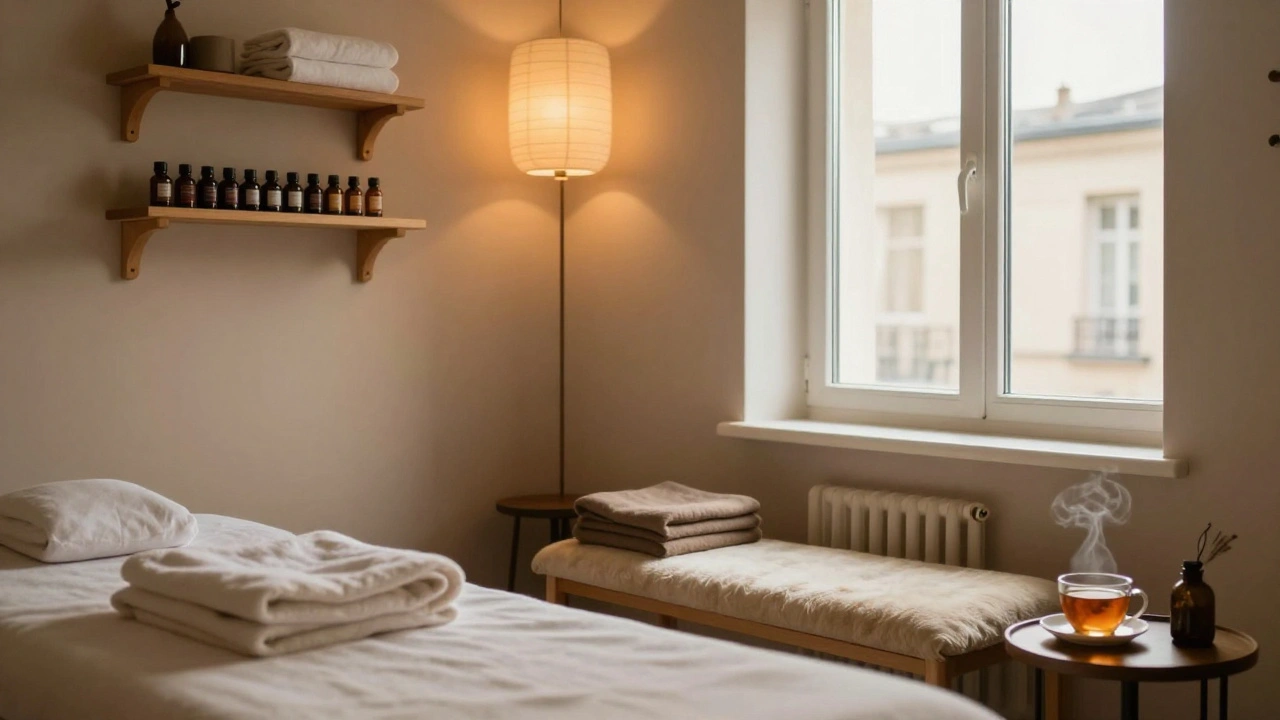 Un salon de massage chaleureux à Paris 13 avec lumières tamisées, plantes et tapis en laine.