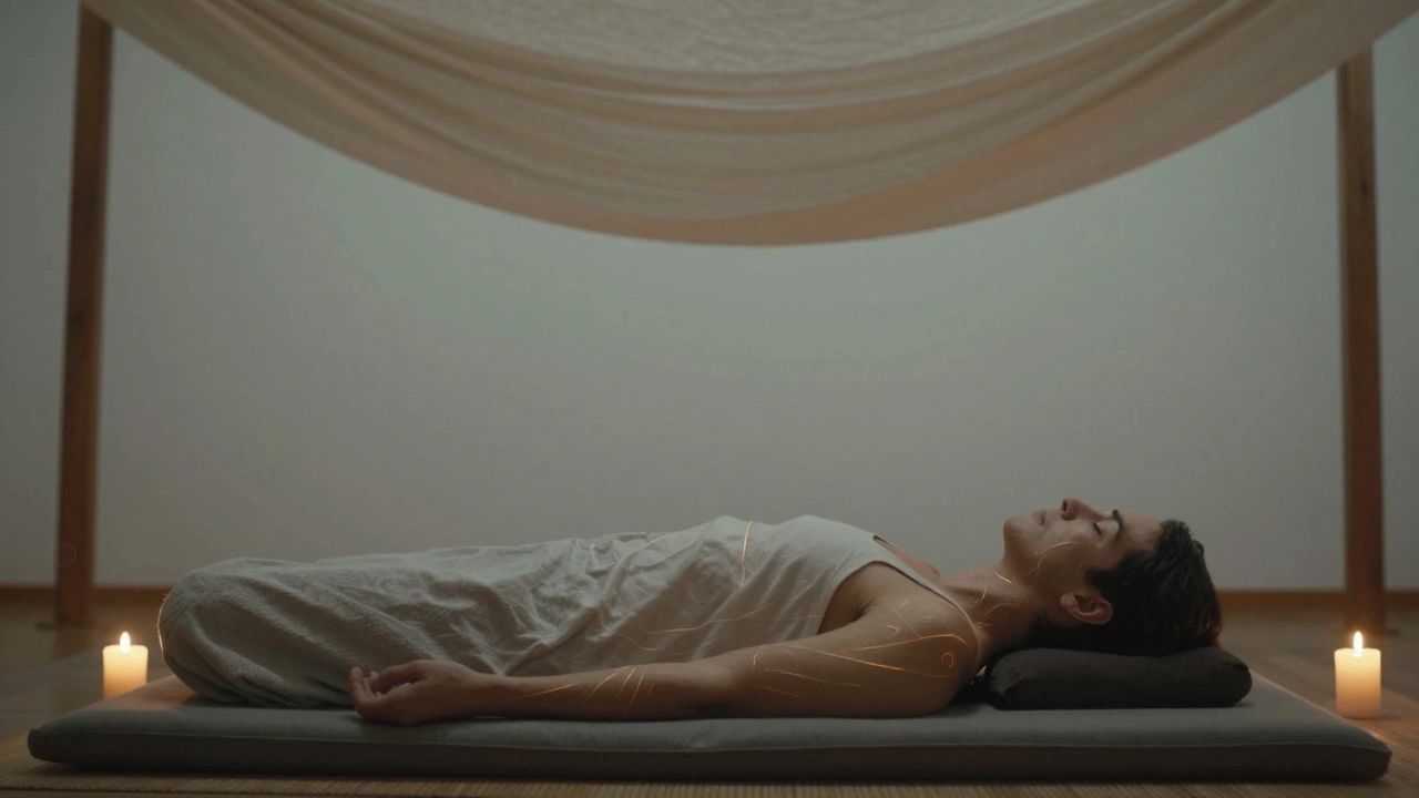 Une personne en détente profonde, les yeux fermés, dans un espace paisible avec une bougie allumée.