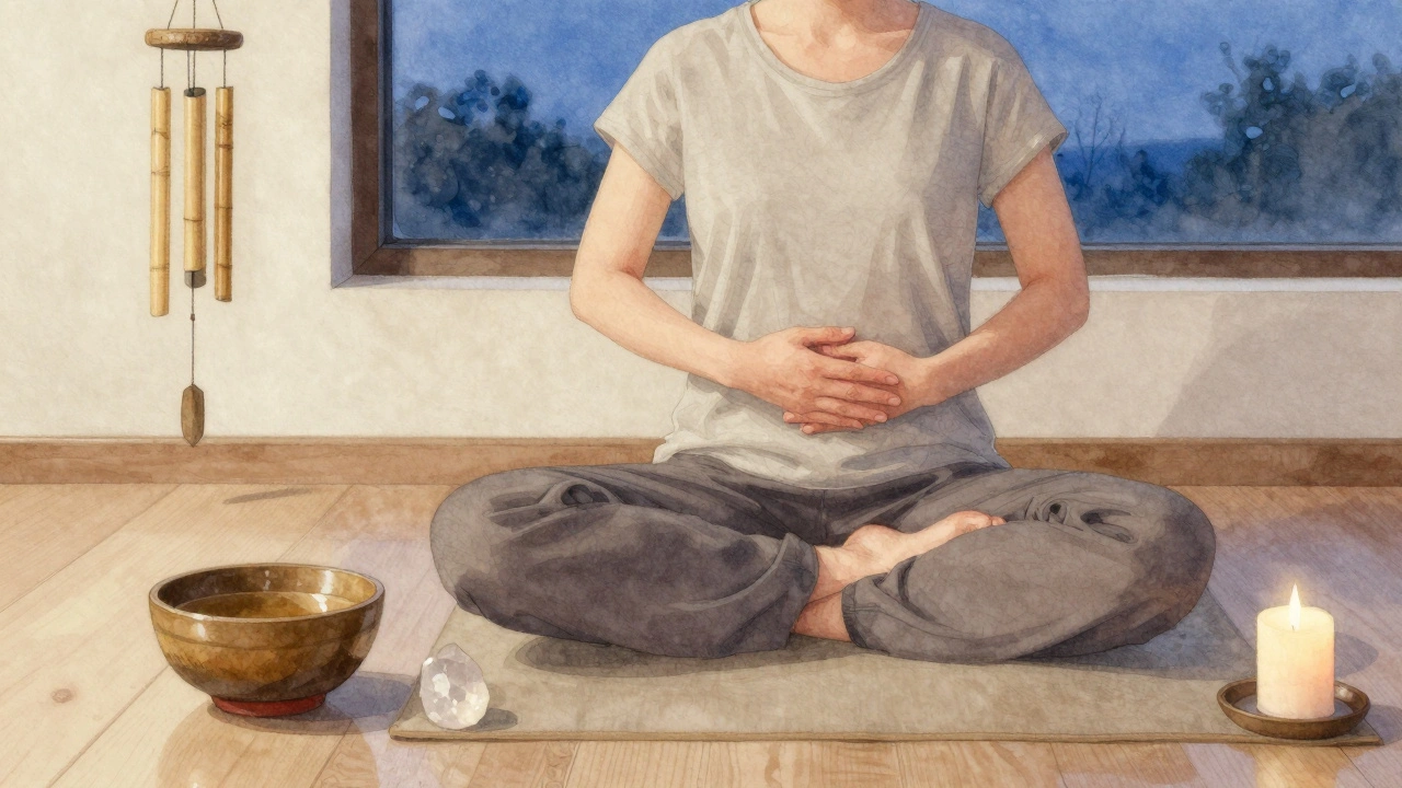 Une personne méditant sur elle-même, entourée d'objets simples : un bol, un quartz, un carillon en bambou et une bougie.