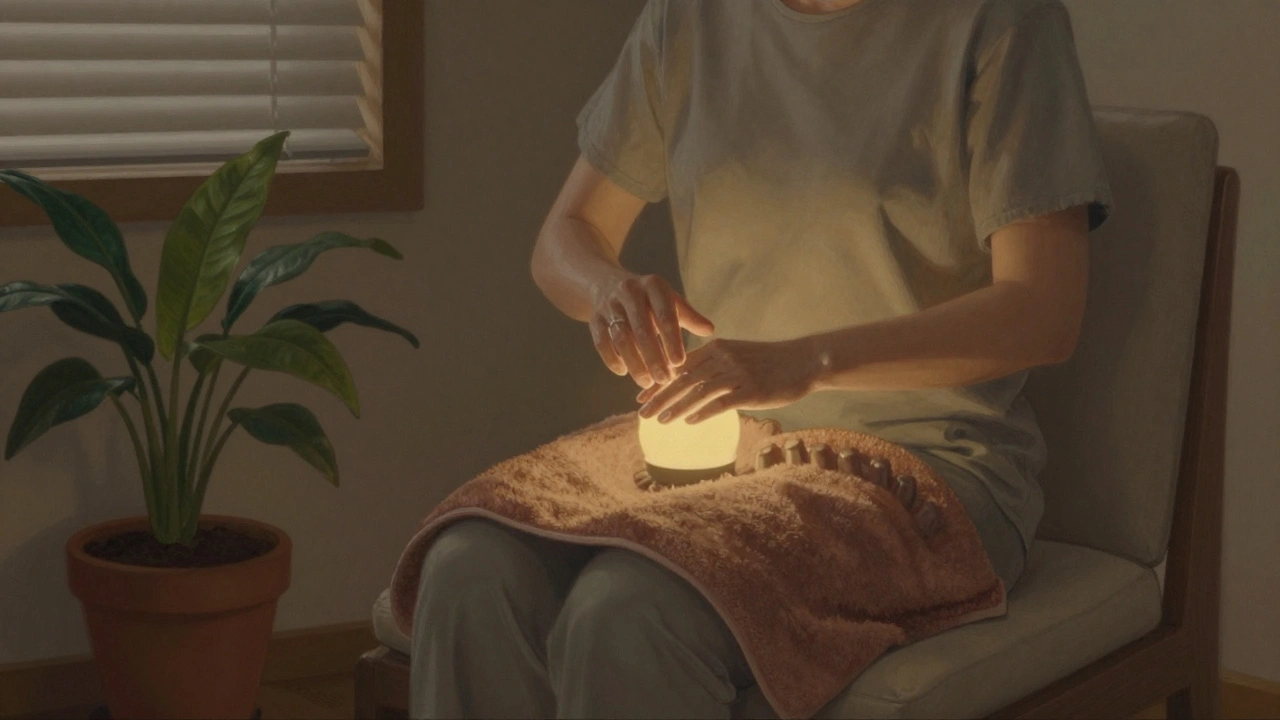 Une personne qui se masse les mains chez elle, dans un espace simple et apaisant, sans écran ni distraction.