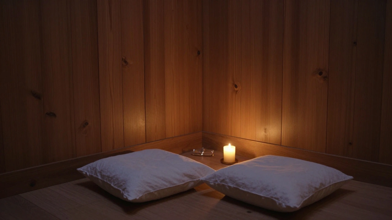 Une pièce de spa parisienne calme, avec des murs en bois, une bougie et deux coussins, dans une lumière crépusculaire.