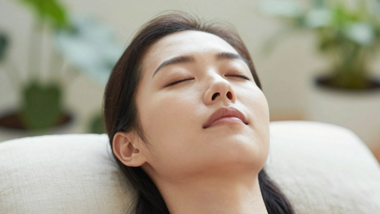 Visage serein en méditation baigné de lumière naturelle douce.